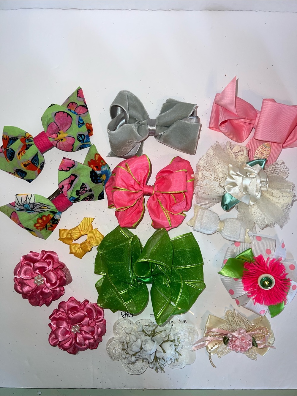 Kids Hair Bows Assortment - Pink, Green, Silver, White